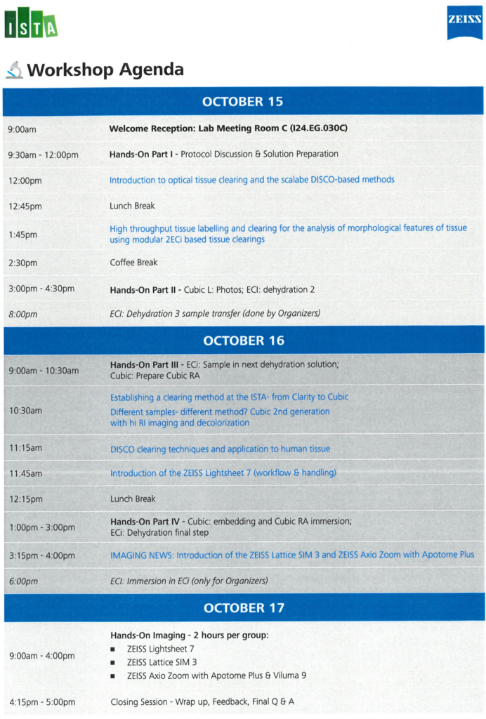 Tissue Clearing workshop by Zeiss @ Moonstone Building: room I24.U1.031